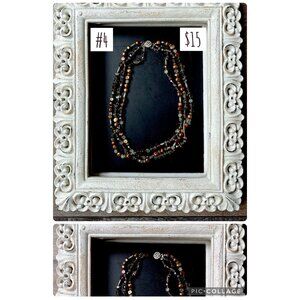 Vintage Multi-Strand Beaded Necklace With Mixed Brown & Silver Tones